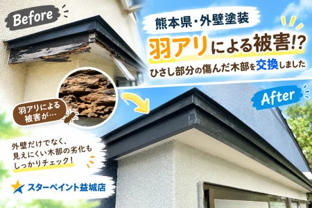 【熊本県・外壁塗装】羽アリによる被害！？ひさし部分の傷んだ木部を交換しました